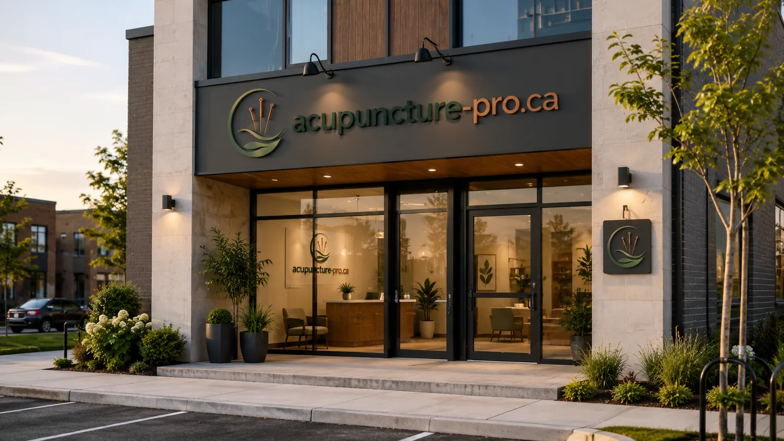 Devanture d'une clinique d'acupuncture en soirée
